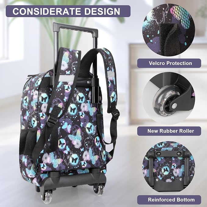 Tilami Rolling Backpack for Kids 18 Inch Double Handle Wheeled Bookbag for Boys & Girls for School & Travel,Butterfly - Image 5
