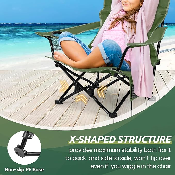 HaSteeL Folding Beach Chair Set of 2, Foldable Green Camping Chairs for Outside, Low Beach Chair Portable for Adults Fishing, Picnic, Outdoor BBQ, Travel, Sports, Cup Holder & Storage Bag - Image 5