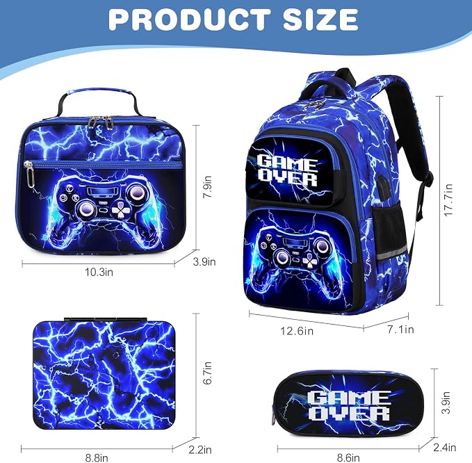 Bevalsa Kids Backpack for Boys with Bento Lunch Box, Insulated Bag & Utensils, 43oz Lunch Containers with 6 Compartment, Gamer Backpack School Bags for Elementary Middle School Student (Lightning) - Image 2