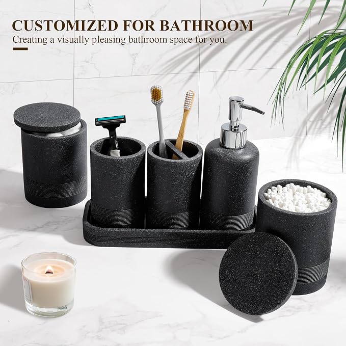Bathroom Accessories Set, 6-Piece Bathroom Accessory Set, Toothbrush Holders Set, Soap Dispenser, Vanity Tray, Tumbler, Cotton Swab Jars, Bathroom Organizer for Modern Bathrooms(Black) - Image 3