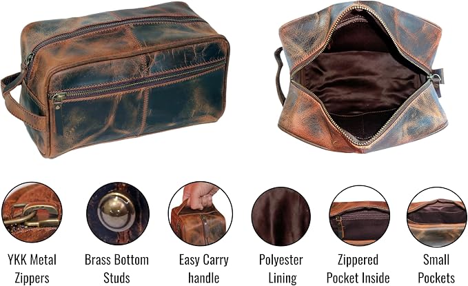 jaald Personalized Genuine Leather Toiletry Bag for Men - Dopp Kit Gift with Embossing Options, Ideal Birthday, Anniversary, Wedding, Father & Groomsmen Gift, Travel bag, Shaving bag - Image 4