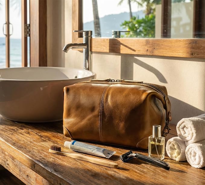 RUSTIC TOWN Full Grain Leather Toiletry Bag for Men & Women – Handcrafted Travel Dopp Kit – Large Water-Resistant Makeup & Shaving Organizer - Image 5