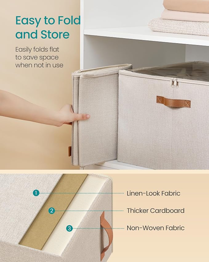 SONGMICS Shoe Organizer for Closet, Shoe Storage Bin, Fits 16 Pairs, Fabric Container with Handles and Clear Cover, Adjustable Dividers, Customizable, Cappuccino Beige ULSP555K01 - Image 5