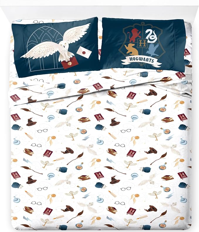 Jay Franco Kids Sheet Set with Fitted, Flat Sheets & Pillow Cover - Ultra-Soft Bedding with Pillowcase for Room Decor, Multi - Harry Potter, 4 Piece Queen by JayFranco
