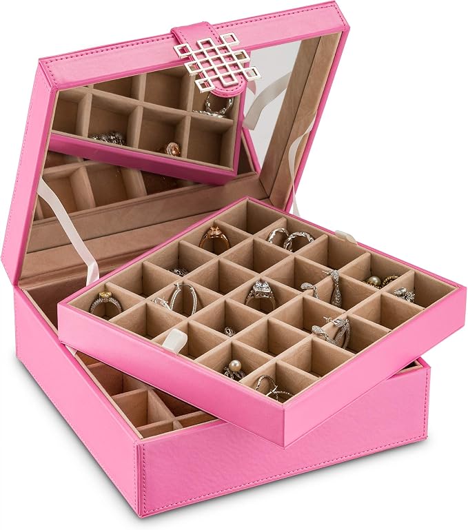 Glenor Co Earring Organizer - Classic 50 Section Jewelry Box/Case/Holder for Earrings, Rings, Necklaces, Jewelry, Cufflinks or Collections -2 Layer Small Compartments with Large Mirror - Pink - Image 8