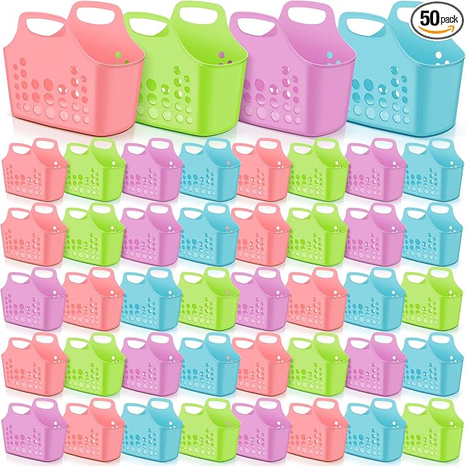Nuogo 50 Pack Multicolor Plastic Basket with Handles Oval Plastic Shower Caddy Bulk Reusable Multipurpose Storage Organizer for Bathroom Dorm Communal Showers Kitchen School, 10.6" x 6" x 10" by Nuogo