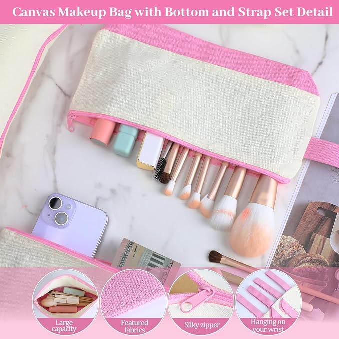 Silkfly 15 Pcs Cotton Canvas Makeup Bags Cosmetic Zipper Bags 10.2 x 5.5 x 2'' Blank DIY Pouch Bulk Pencil Case with Bottom Travel Toiletry Pouch for Women Craft Decor Gift (Beige and Pink) - Image 3