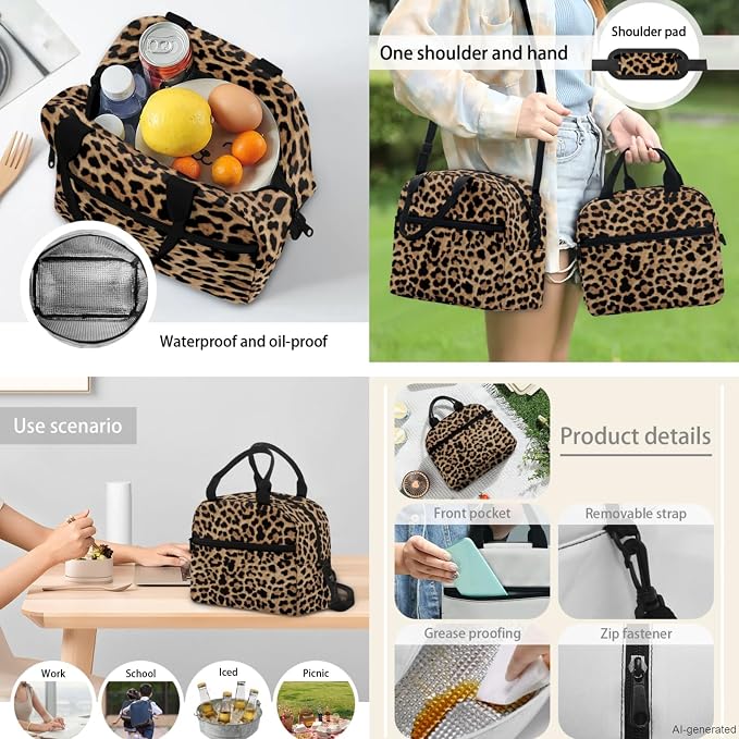 Leopard Spots Girls Boys Lightweight Backpack with Lunch Box, Cheetah Skin Kids BookBag 4 Set Rucksack, Brown Black Water Bottle Holder Pencil Bag for Teens - Image 5