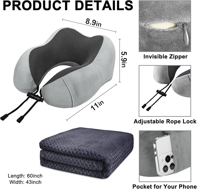 urnexttour Travel Pillow and Blanket Set Neck Pillows Soft Blankets with Sleep Mask Travel Essentials for Airplane Car Memory Foam Grey - Image 5