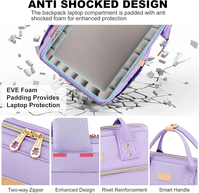 AIJIEKE Lunch Backpack for Women, 15.6 Laptop Backpack, Lunch Box, Purple | Water resistant computer bag with insulated leakproof cooler. Travel meal prep backpack for nurse, teacher, college commute - Image 5