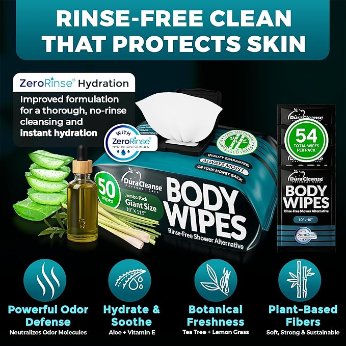 After Gym Body Wipes for Men (4 Pack) – 200 XL No Rinse Shower Wipes + 16 Travel Bath Sheets, 10" x 11.5" Disposable Washcloths for Bathing, Camping, Survival Gear and Travel