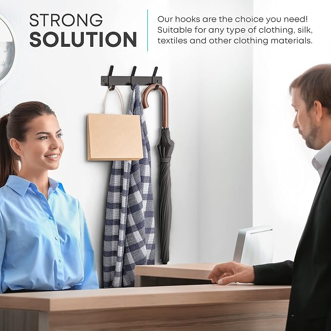 Coat Rack Wall Mount – 9 Inch Stainless Steel Small Hook Rail with 3 Double Coat Hooks for Hanging – Wall Mounted Entryway Organizer for Coats, Hats, Bags, Towels, Robes, Bedroom or Bathroom - Black - Image 7