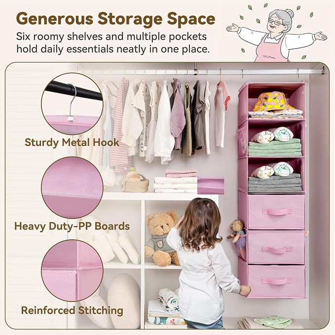 GRANNY SAYS Hanging Closet Organizer 6-Shelf, Separable to 2 Pack 3-Shelf Closet Storage Organizer with 4 Side Pockets, 3 Different Drawers, Portable Hanging Shelves for Baby Clothes, Sweater, Pink - Image 5