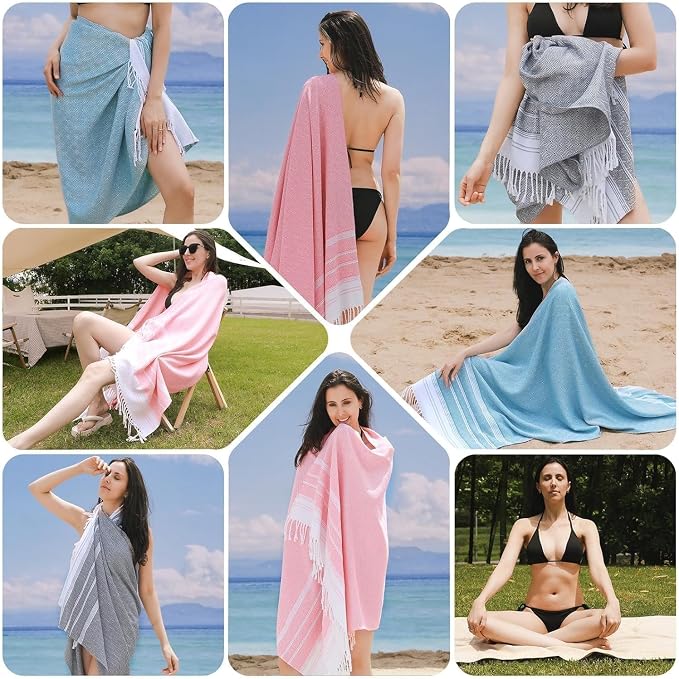 Genovega 6 Packs Oversized Turkish Beach Towels Set 74"x38" Extra Large Sand Free Quick Dry Absorbent Swim Bath Pool Towel Adult Travel Essentials Blanket Accessories Vacation Grey Stripe - Image 6