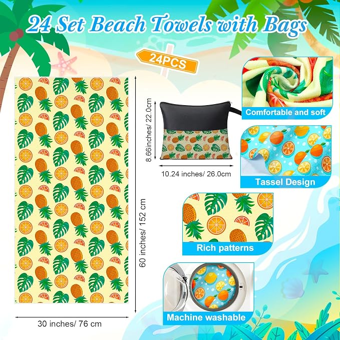 Peryiter 48 Pcs Microfiber Beach Towel with Bags Bulk, 24 Large Quick Dry Pool Towels and 24 Storage Bags, 30 x 60 Inch Fruit Blanket for Beach Swimming Summer Party Camping Travel Women - Image 2