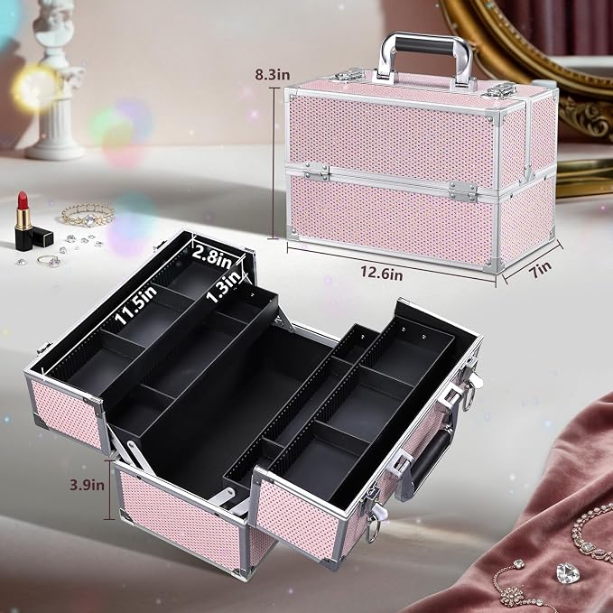 Stagiant 12.6 Inch Large Makeup Train Case, Professional 4 Trays Cosmetic Cases Makeup Storage Organizer Box Beauty Make Up Box with Lock&Adjustable Compartments for Nail, Accessories, Skincare, Pink - Image 7