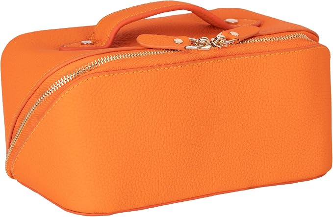 VENOULT Makeup Bag, Spacious Cosmetic Case for Women, Portable 180° Wide-Open Flat Cosmetic Bag, Travel Toiletry Organizer with Handle, Hanmdade, Full Grain Genuine Turkish Leather (Mango) by VENOULT