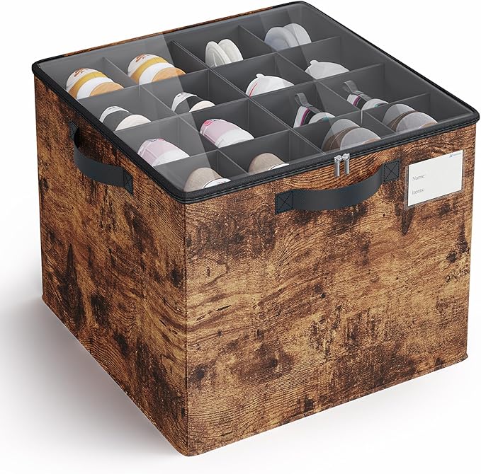 Varhomax Shoe Organizer Box for Closet, Fabric Shoe Storage Bin with Adjustable Dividers & Clear Cover, Holds up 16-32 Pairs of Sneakers & Sandals for Entryway, Cubby (Rust Brown) by Varhomax