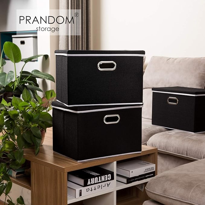 PRANDOM Large Foldable Storage Boxes with Lids [3-Pack] Fabric Collapsible Storage Bins Organizer Containers Baskets Cube with Cover for Home Bedroom Closet Office Nursery Black(17.7x11.8x11.8) - Image 2