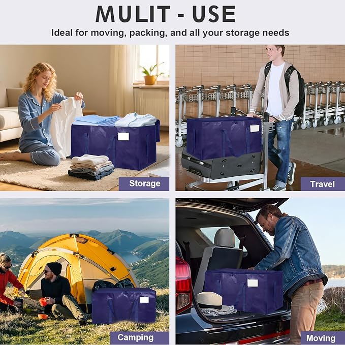 6 Pack-Extra Large Heavy Duty Moving Bags - Waterproof Storage Totes with Handles & Zippers, Foldable for College Dorm, Storage (Dark Blue) - Image 7