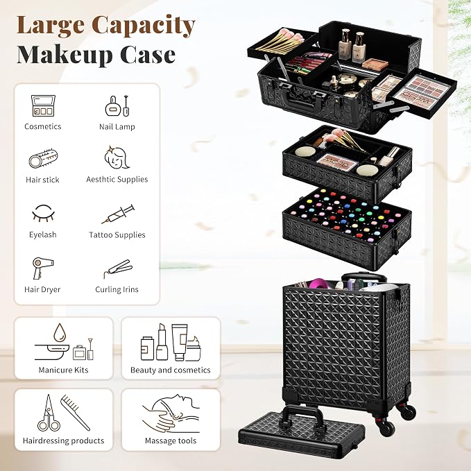 AROUS 5 in 1 Rolling Makeup Train Case with Lid Cosmetology Case on Wheels | Large Cosmetic Trolley Organizer with Keys Salon Barber Case Traveling Cart Trunk for Artist Hairstylists Nail Tech, Black - Image 4