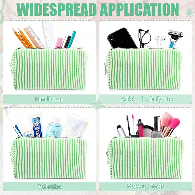 Giesiery 8 Pcs Seersucker Makeup Bags Striped Cosmetic Bags Bulk Organizer for Women Preppy Travel Toiletry Pouch for Wedding Bridesmaid Gifts (Green, Medium) - Image 6