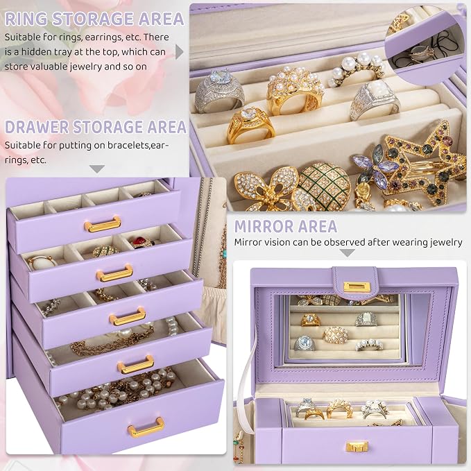 AKOZLIN 6-Tier Jewelry Box Organizer Functional 5 Drawers Leather Jewelry Storage Case for Women Girls Ring Necklace Earring Bracelet Holder Organizer with Mirror Purple Regular - Image 2