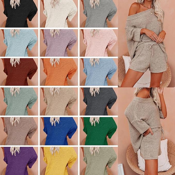 Ermonn Womens 2 Piece Outfits Sweater Sets Off Shoulder Knit Tops Waist Short Suits Casual Pajama Set - Image 5
