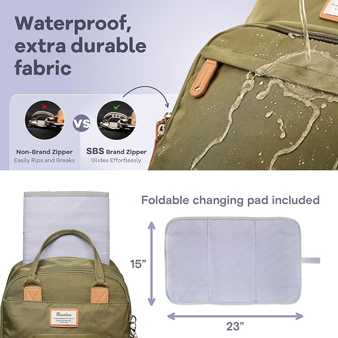 RUVALINO Diaper Bag Backpack - Multifunction Travel Back Pack Maternity Baby Changing Bags, Diaper Changing Totes, Large Capacity, Waterproof and Stylish, Baby Travel Essential, Army Green - Image 7