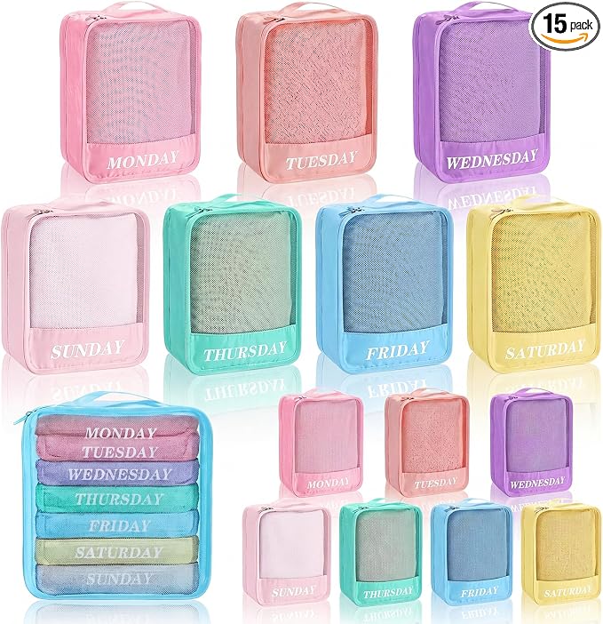 Days of Week Packing Cubes Summer Camp Essentials Weekly Organizer Storage Bag School Clothes for Travel Kids Family(7x9x3inch,Macaron,15) by Yeyeplum