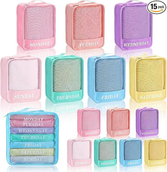 Days of Week Packing Cubes Summer Camp Essentials Weekly Organizer Storage Bag School Clothes for Travel Kids Family(7x9x3inch,Macaron,15) by Yeyeplum