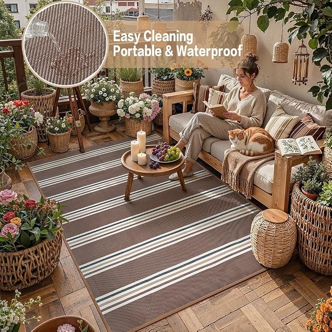 PureCozy Outdoor Waterproof 6x9 Rug for Patio Reversible Plastic Straw Brown Striped Camping Mat Outside Lightweight Large Floor Mat for RV Deck Beach Balcony Picnic Backyard Entry Porch - Image 5