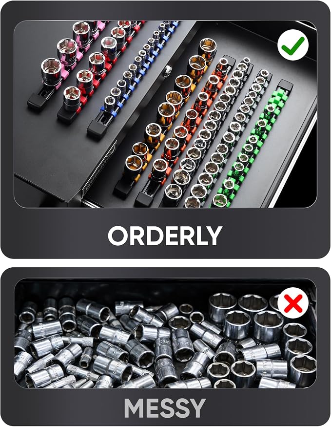 ALOANES 12PC Socket Organizer, Socket Rails Fit 1/2", 1/4" and 3/8" Drive | Heavy Duty ABS Socket Holders Hold up 172 Sockets for Mechanics Toolbox Drawer Bags(Grey) - Image 6