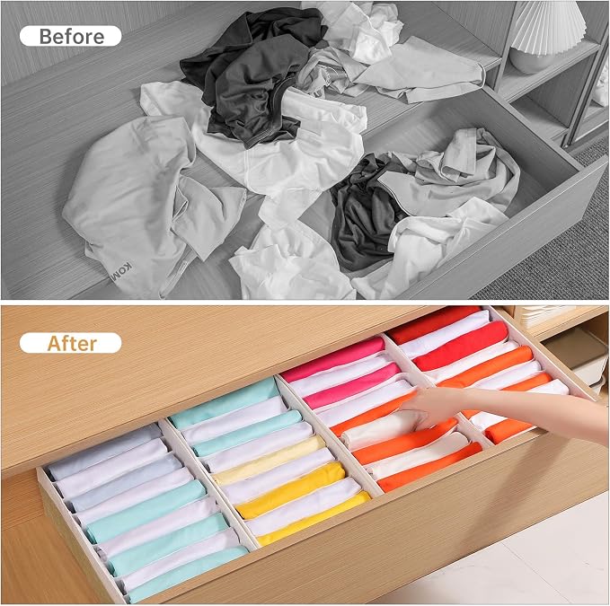 4 Packs T-shirt Drawer Organizers for Clothing,10 Grids Compartment Wardrobe Storage Box, Clothes Organizer for Folded Clothes, T-shirt, Legging-15.75''x9.06''x5.91-BeigeWhite - Image 3