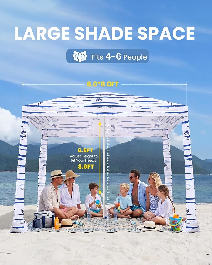 Qipi Beach Cabanas for Sand, Beach Canopy with Sandbags & Side Wall for Family, Easy Set Up Sun Shelter, UPF 50+ UV Protection with Roof Vent - Image 3