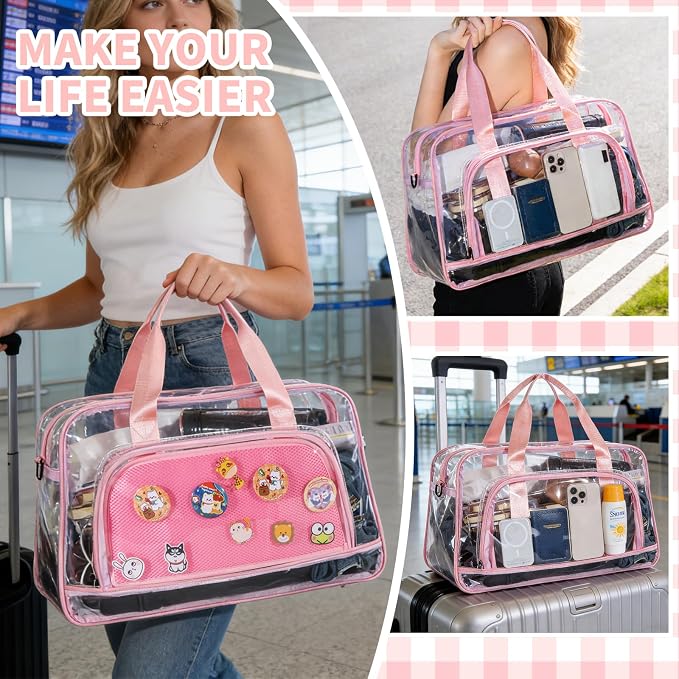Clear Duffle Bag for Women with Anime Pins Display & Shoe Compartment, Waterproof and Convertible Crossbody for Anime Conventions, Stadium Events, Yoga, Travel & Gym (pink) - Image 7
