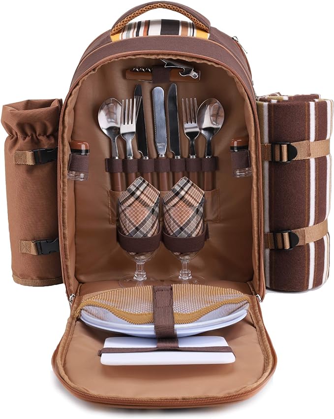 apollo walker Picnic Backpack Bag for 2 Person with Cooler Compartment, Detachable Bottle/Wine Holder, Fleece Blanket, Plates and Cutlery(2 Person, Brown) by apollowalker