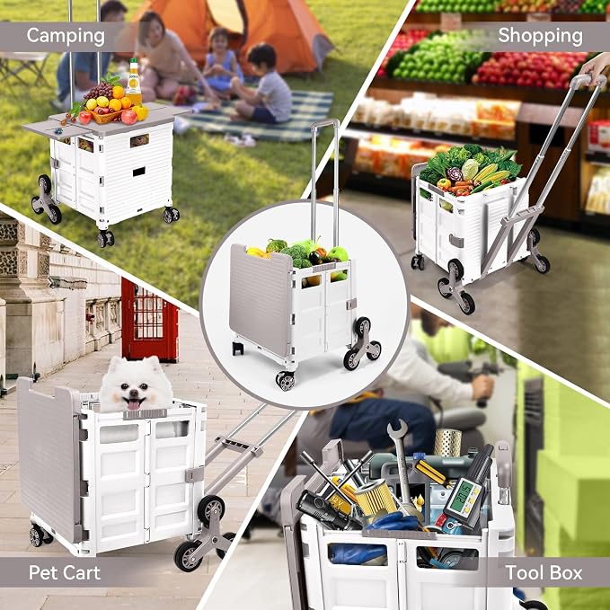 Foldable Utility Cart Portable Crate Rolling Dolly with Telescopic Handle,Can be Pulled diagonally, Magnetic Retractable Lid, 360°Swivel Climbing Wheels for Shopping Carrying Groceries Move White - Image 8