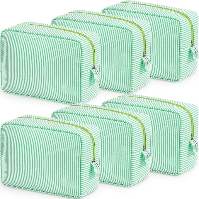 Sanwuta 6 Seersucker Cosmetic Bag Bulk Striped Makeup Bag for Women Aesthetic Cute Travel Toiletry Organizer Preppy Storage Pouch for Wedding Bridesmaid Mother's Day Teacher Gift (Large,Green) by Sanwuta