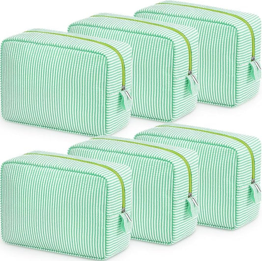 Sanwuta 6 Seersucker Cosmetic Bag Bulk Striped Makeup Bag for Women Aesthetic Cute Travel Toiletry Organizer Preppy Storage Pouch for Wedding Bridesmaid Mother's Day Teacher Gift (Large,Green) by Sanwuta