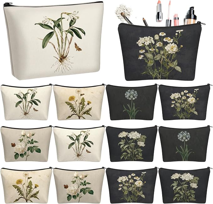 Sweetude 12 Pcs Vintage Flowers Makeup Bag Bulk Rustic Country Gifts Portable Travel Cosmetic Bags with Zipper Retro Floral Waterproof Roomy Travel Toiletry Organizer Storage Beauty Pouch for Women by Sweetude