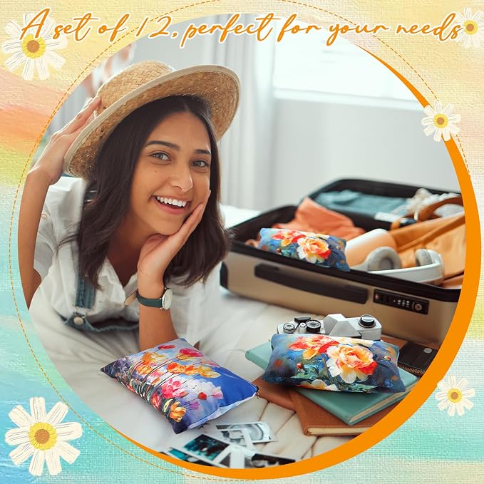 Sweetude 12 Pcs Oil Painting Flowers Makeup Bag Bulk Portable Flower Travel Cosmetic Bags with Zipper Retro Floral Waterproof Roomy Travel Toiletry Organizer Storage Beauty Pouch for Women Gifts - Image 5