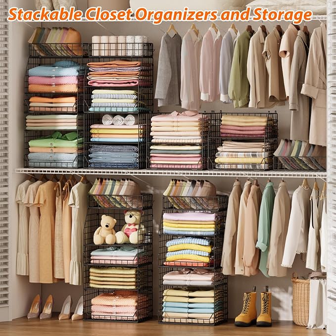 Jakyitvi 5-Tier Stackable Closet Organizers and Storage with Small Basket for Hats,Closet Storage Basket with Adjustable Dividers and 4 hooks,Clothes Shelf Bins for Closet Organizer System,Black - Image 3