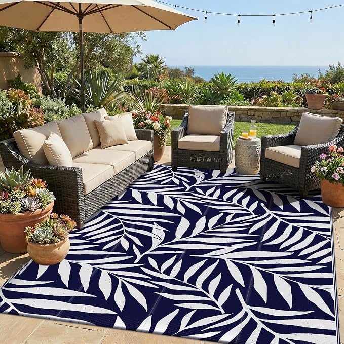 Smiry Outdoor Rug 5x8 ft, Waterproof Reversible Plastic Straw Rugs, Outdoor Area Rug with Leaf Pattern, Outside Floor Mat for Patio, Backyard, Deck, Picnic, Beach, Camping, Navy & White by Smiry