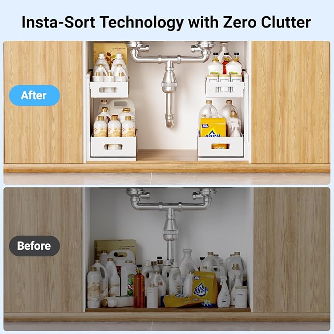 TISTAYA Pull-out Under Kitchen Sink Organizer, Metal Functional Under Sink Organizer, Height Adjustable Under Bathroom Sink Organizer, Under Sink Storage for Kitchen Bathroom Cabinet (White) - Image 7