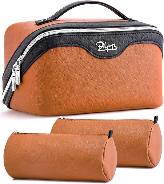 BOYATU Travel Makeup Bag Organizer Cosmetic Bag: 3 Pcs Set Make up Bags for Women with Handle - Waterproof Vegan Leather Toiletry Bags Travel Essentials Pouch with Compartments (A-07-Orange) by BOYATU