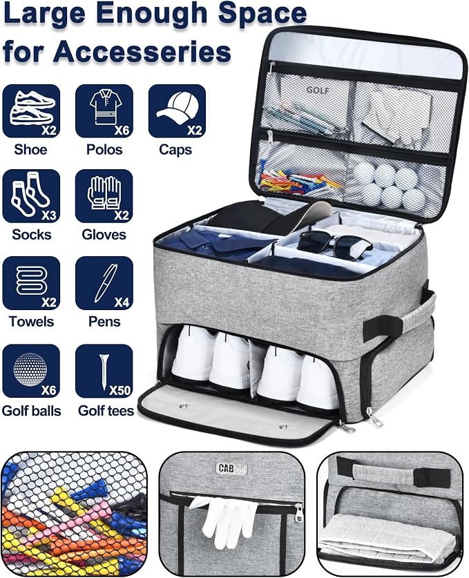 CAB55 Golf Trunk Organizer with 4 Wheels, 2 Layer Waterproof Car Golf Organizer with Separate Ventilated Compartment for 2 Pair Shoes, Golf Trunk Storage for Clothes, Accessories, Golf Gifts - Image 4