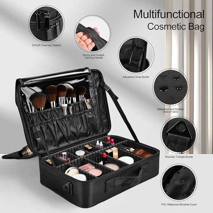 Professional Makeup Train Case with Brush Holder, Large Makeup Travel Bag Organizer, Portable Cosmetic Carry Case 3 Layer Makeup Artist Storage Box with Adjustable Dividers and Shoulder Strap, Black - Image 3