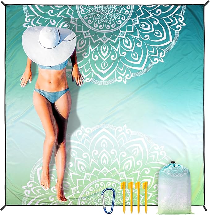 WIWIGO Beach Blanket Sandproof Extra Large Beach Mat Adults Waterproof Quick Drying Sand Free Mat Made by Premium Polyester with 4 Stakes & 4 Corner Pockets for Outdoor Travel Camping Hiking by WIWIGO