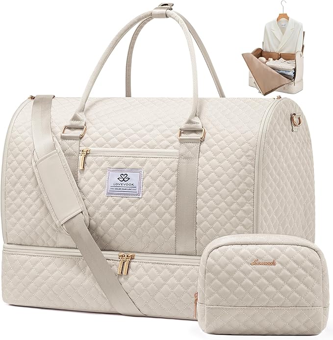 LOVEVOOK Convertible Garment Bag for Travel with Shoe Pouch, Carry On Garment Duffel Bag with Toiletry Bag, 2 in 1 Hanging Suitcase Suit Bag, Weekender Bag for Women Travel, Wedding, Beige by LOVEVOOK